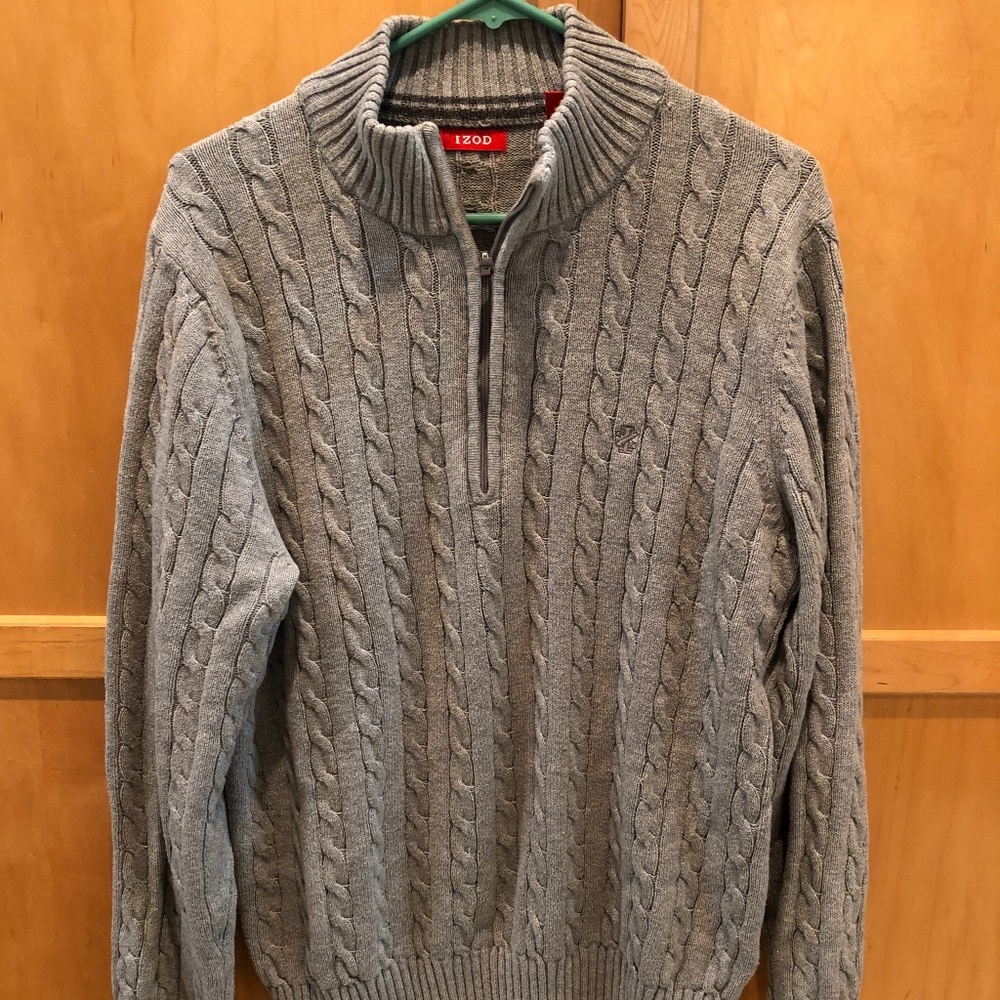 Mens Grey Quarter Zip Izod Sweater (Size M)